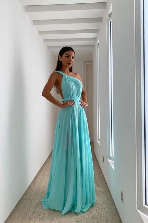 Simple Blue Chiffon One Shoulder Long Prom Dress