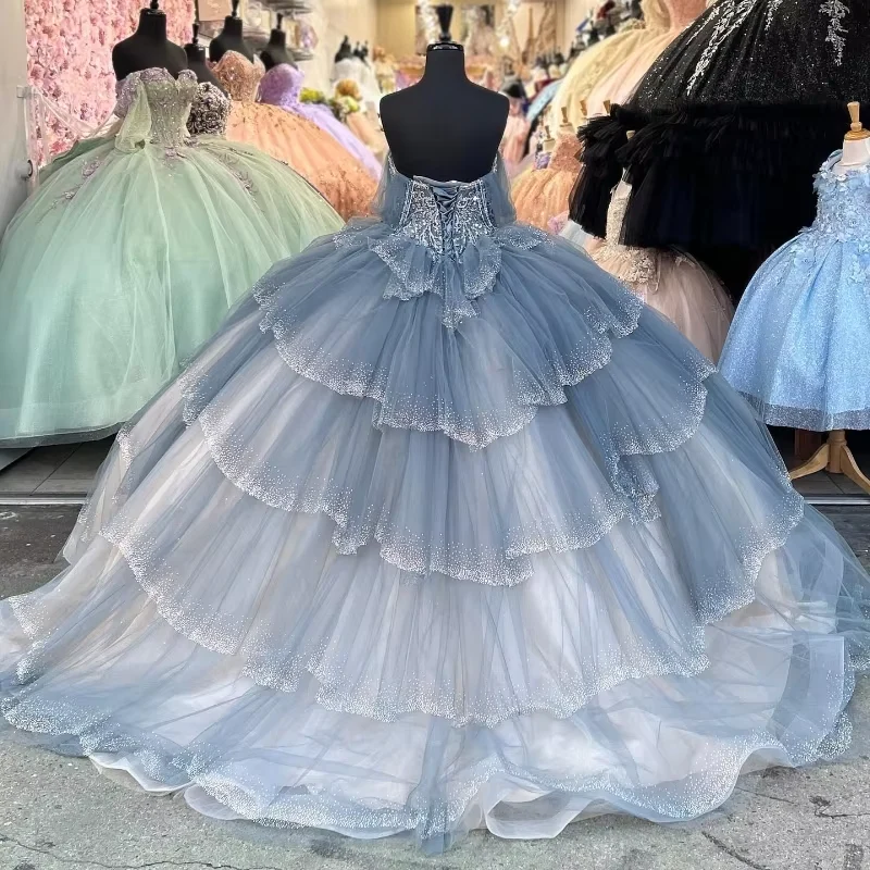 Sparkly Blue Sequin Off The Shoulder Ball Gown,Tulle Layered Sweet 16 Birthday Dress