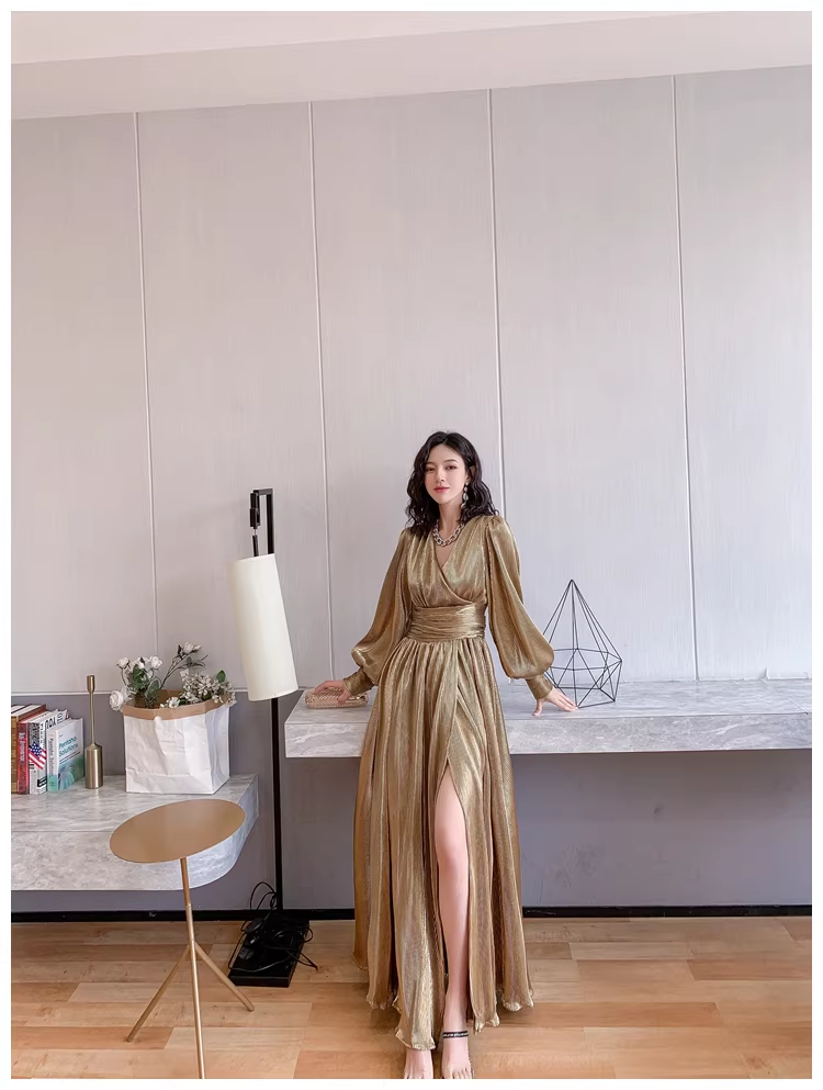 Unique Gold V Neck Satin Pleated Slit A Line Long Evening Dress Formal Wedding Guest Dress