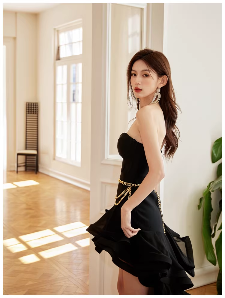 Sexy Strapless Black Ruffle Irregular Swallowtail Hem Birthday Dress Long Evening Gown