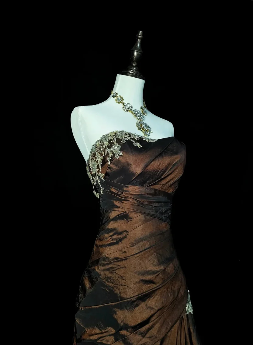 Vintage Brown Strapless Beaded Satin Mermaid Long Wedding Guest Dress Birthday Party Dress Evening Gown