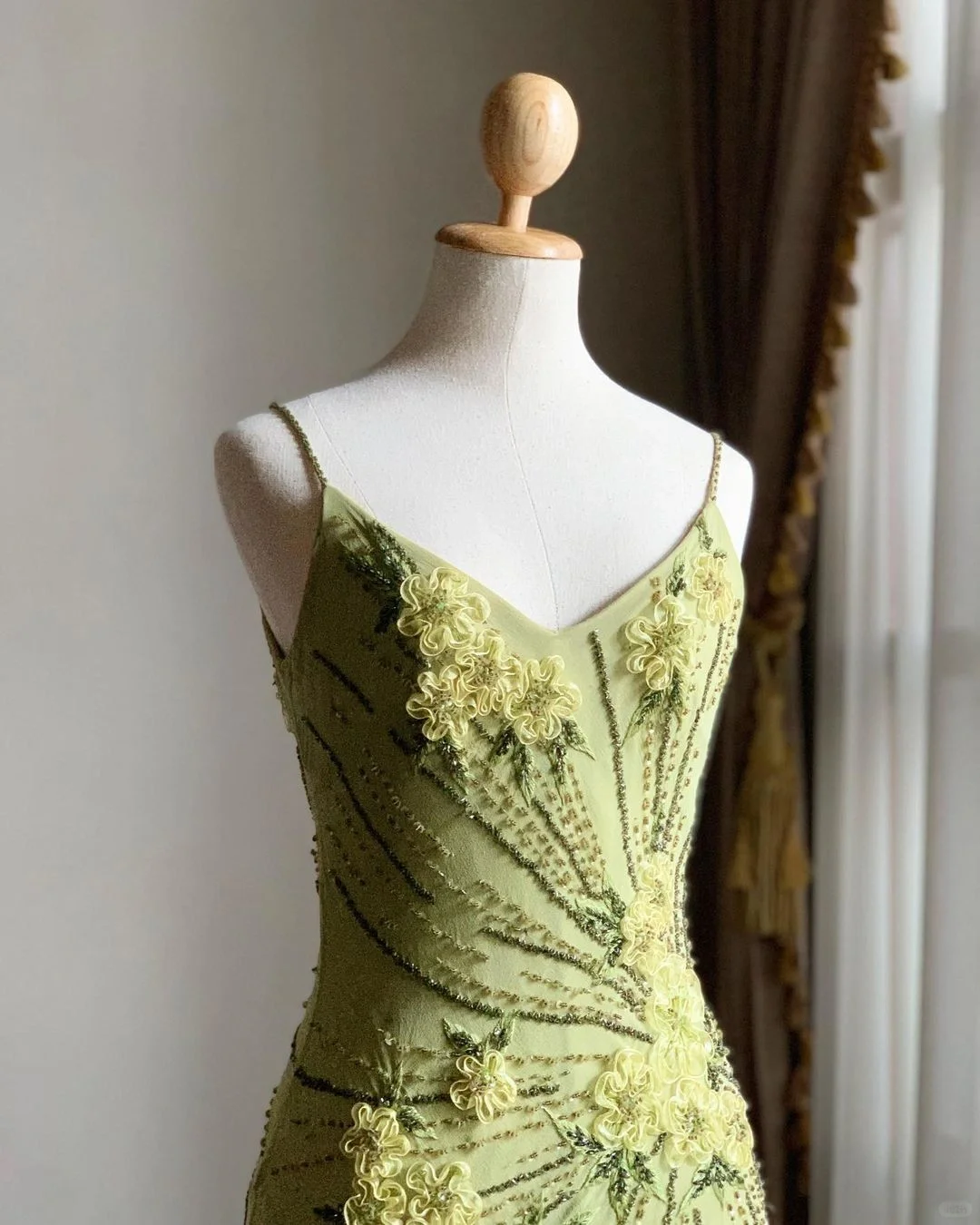 Pretty Green Spaghetti Straps Chiffon Beaded Mermaid Party Dress Long Evening Dress