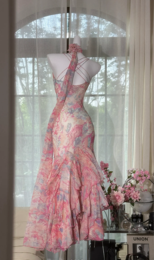 Elegant Spaghetti Straps Pink Chiffon Print Floral Beaded Mermaid Party Dress Prom Gown With Ribbon