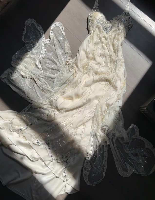 Glitter Spaghetti Straps Off White Chiffon Sequin Beaded Mermaid Evening Dress Long Party Dres