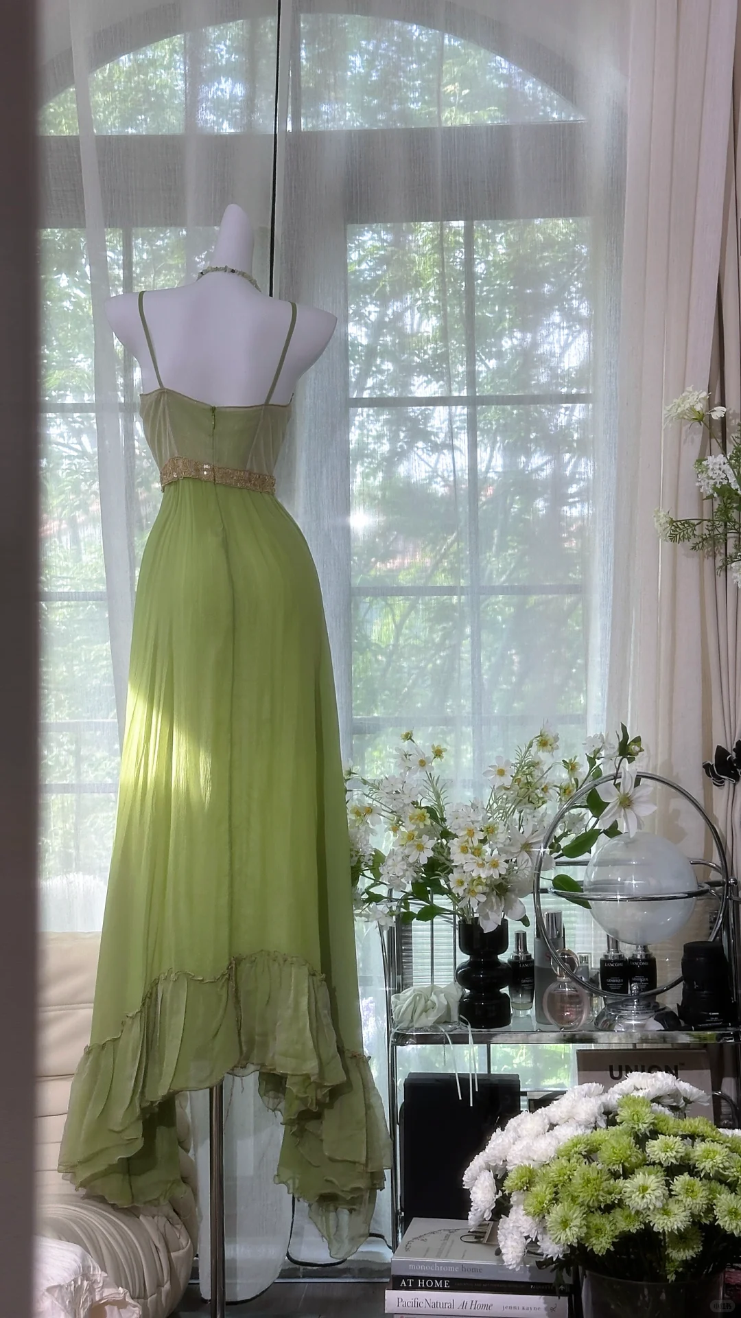Elegant Spaghetti Straps Green Chiffon Sequin Mermaid Prom Dress Long Birthday Party Dress