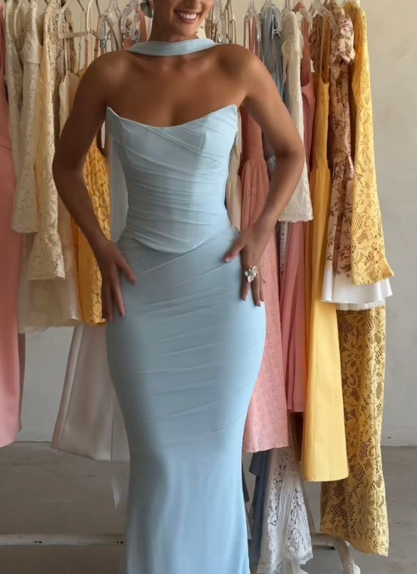 Elegant Blue Strapless Long Mermaid Party Evening Dress