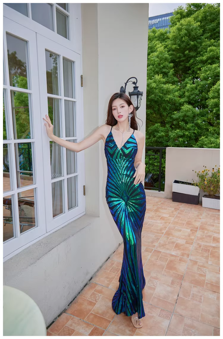 Vintage Green Spaghetti Straps Sequin Mermaid Long Evening Dress Birthday Dress