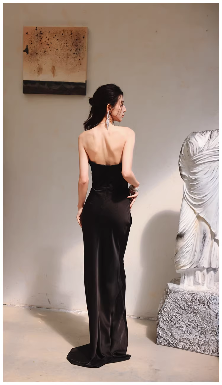 Fashion Black Strapless Satin Sequin Beaded Mermaid Evening Dress Long Wedding Guest Dress