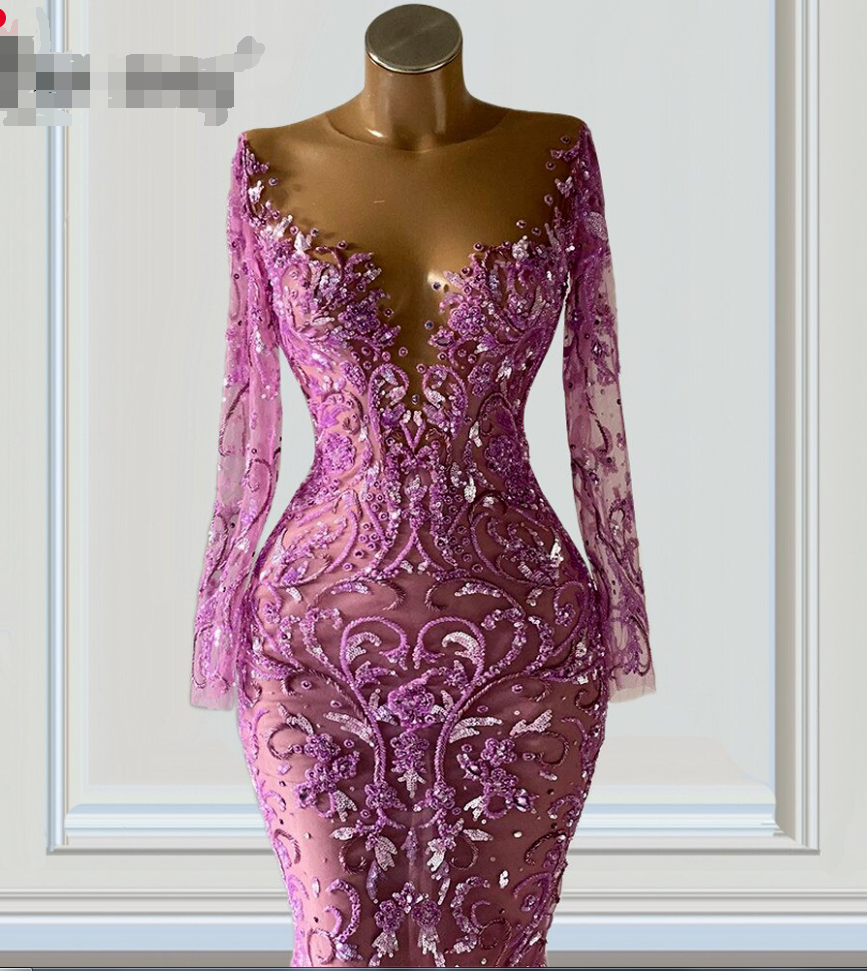 Long Sleeve Women's Evening Dress Purple Mermaid Evening Gowns Handmade Beaded Wedding Evening Dress