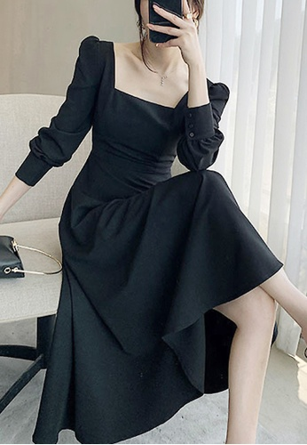 Gentle style Hepburn square neck little black dress Simple Prom Dress Party Dress With Long Sleeves