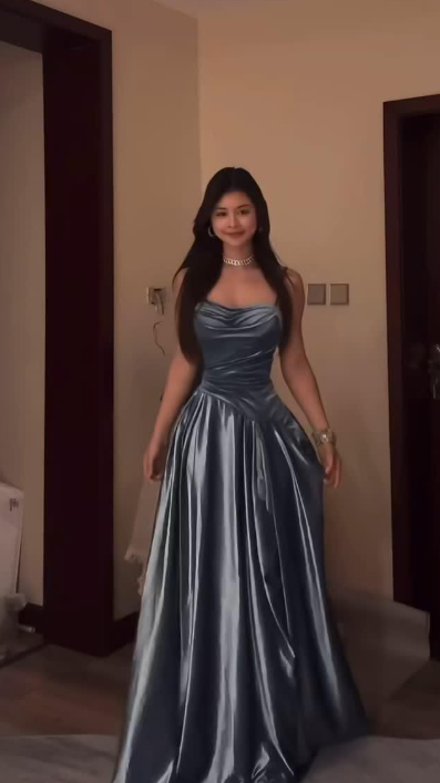 Charming Spaghetti Straps Blue Satin Pleated A Line Long Party Dress Prom Dress