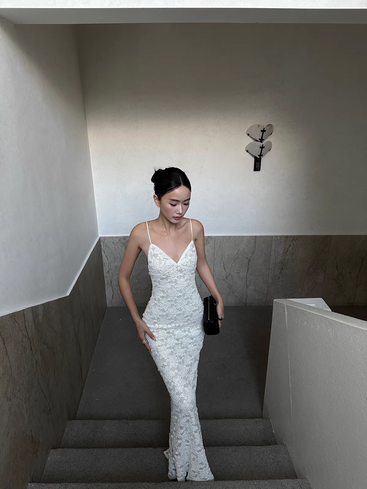 Pretty Spaghetti Straps V Neck Off White Lace Sequin Mermaid Long Evening Dress Formal Wedding Guest Dress