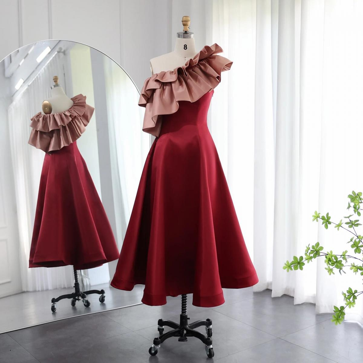 Red Ruffled Neckline A-line Evening Dress