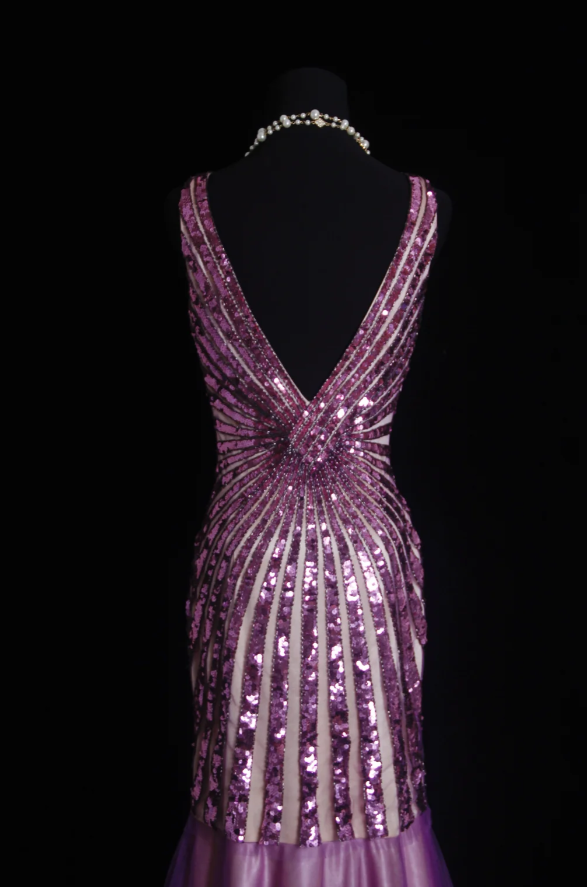 Sparkly V NecK Purple Tulle Sequin Mermaid Evening Dress Long Party Gown