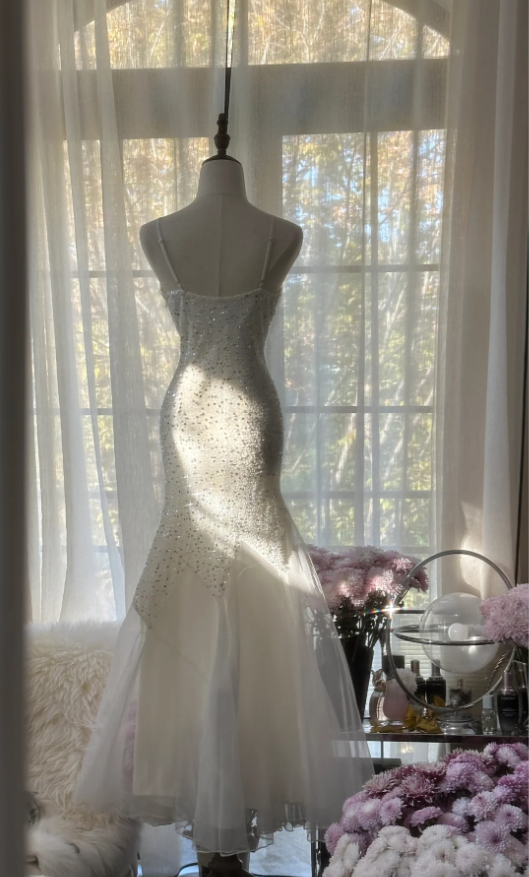 Shiny Spaghetti Straps White Chiffon Sequin Beaded Mermaid Long Wedding Guest Dress Party Dress