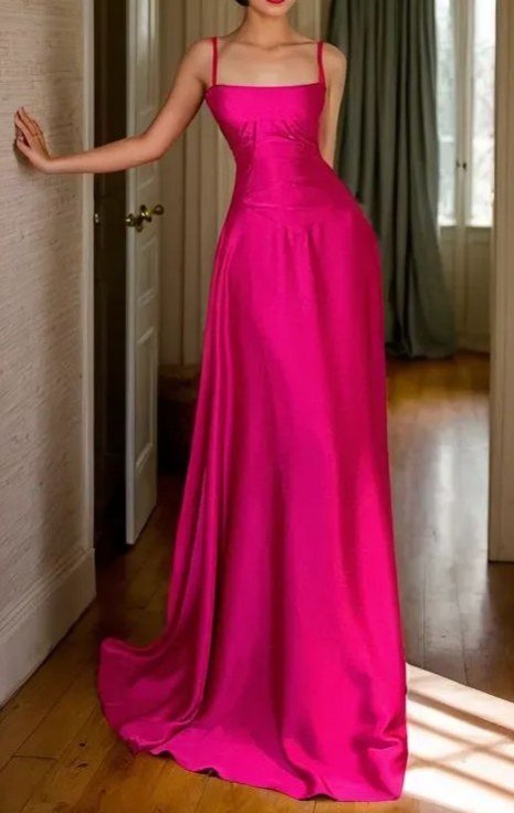 Gorgeous Hot Pink Satin A Line Party Dress Straps Prom Evening Dress