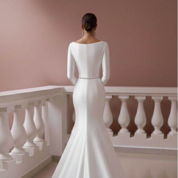 Formal Satin Wedding Dress With Pockets Long Boat Neck Bridal