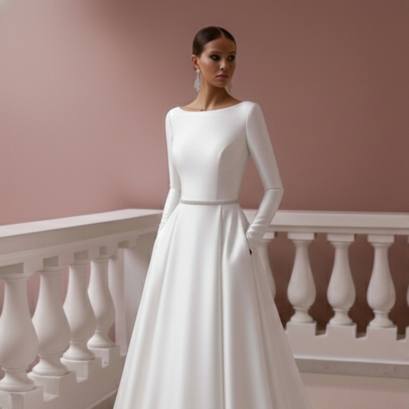 Formal Satin Wedding Dress With Pockets Long Boat Neck Bridal