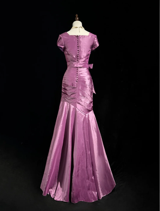 Elegant Purple V Neck Satin Pleated Mermaid Long Evening Dress Birthday Prom Dresses