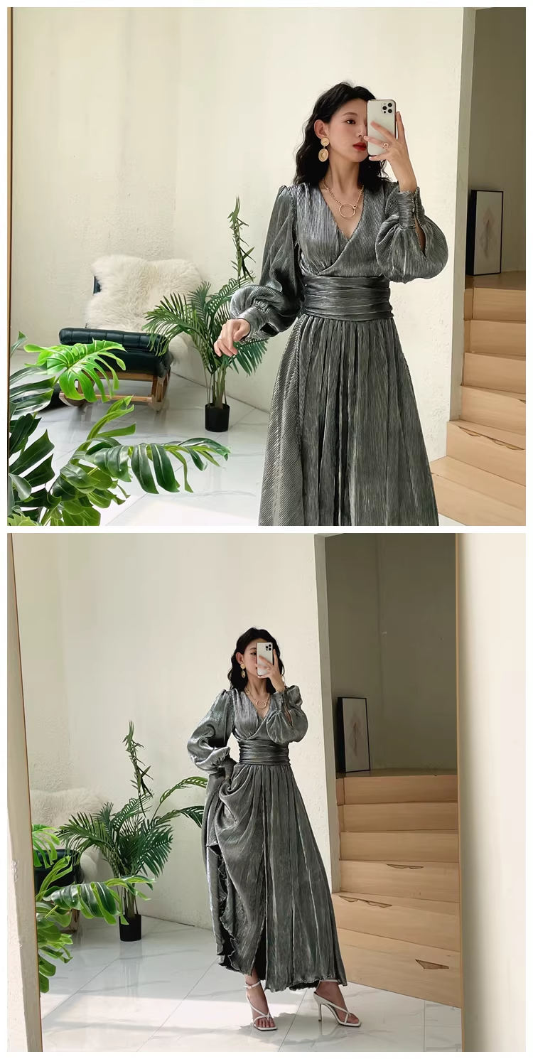 Unique Gold V Neck Satin Pleated Slit A Line Long Evening Dress Formal Wedding Guest Dress
