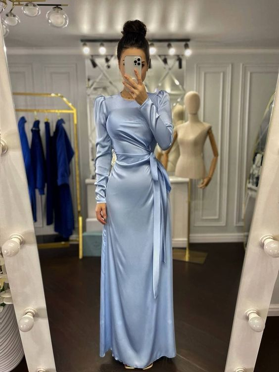 Elegant Light Blue Floor long Silk Dress, Light Blue Silk Evening Dress