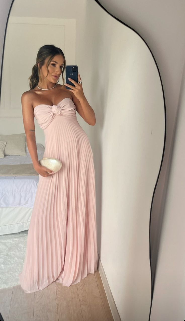 Cute Pink Chiffon Strapless A Line Long Prom Dress Pleated Party Gown