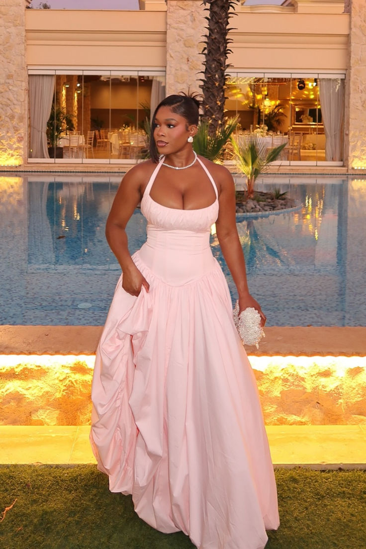 Classy Halter Pink Satin Pleated Long Evening Dress Formal Wedding Guest Dress