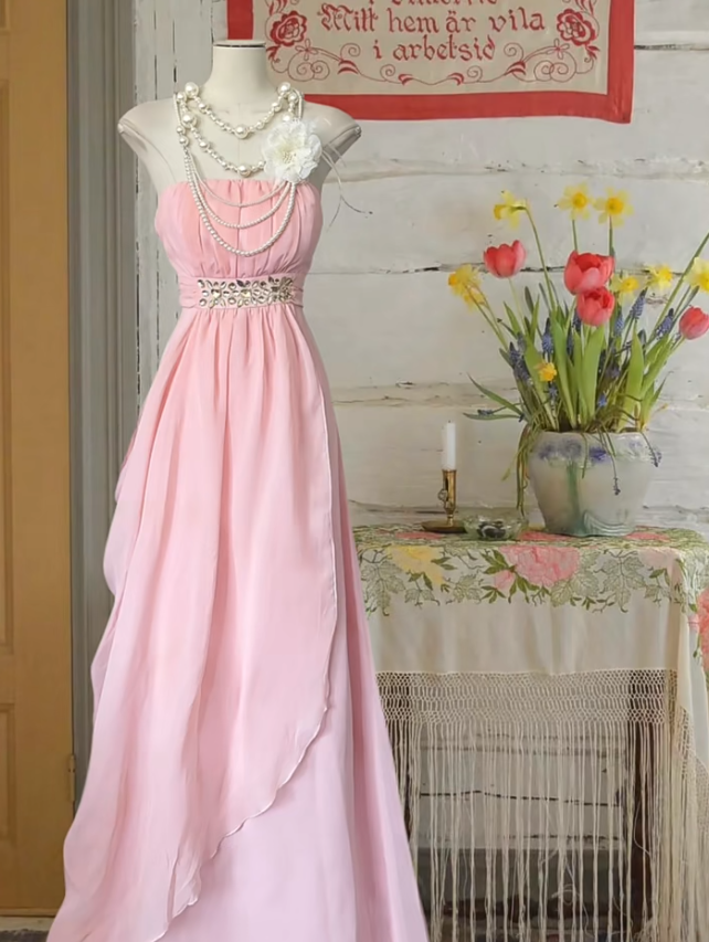 Charming Strapless Pink Chiffon Beaded Long Prom Dress Formal Birthday Party Dress