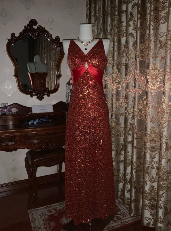 Vintage Red V Neck Sequin Beaded Mermaid Party Dress Long Evening Gown