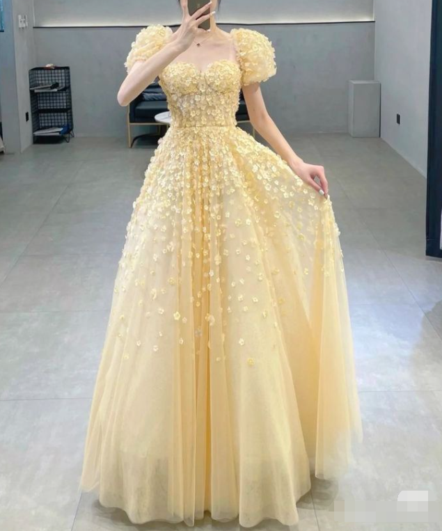 Charming Yellow A-line Puffy Sleeves Floral Prom Dress,Fairy Dress