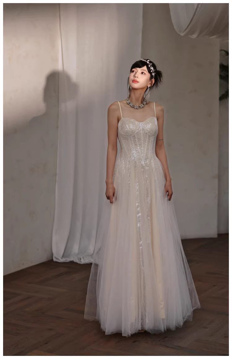 Classy Light Apricot Spaghetti Straps Tulle Sequin A Line Long Party Dress Evening Dress