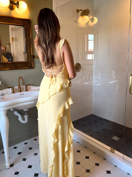 Elegant Yellow Spaghetti Straps Ruffle Slit Prom Dress,Long Party Evening Dress