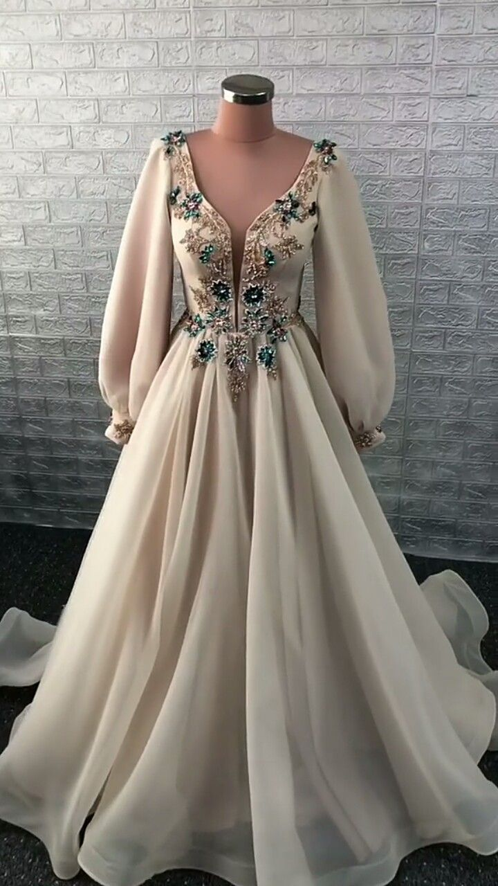 Elegant A-line V Neck Long Sleeves Prom Dress,Modest Prom Gown