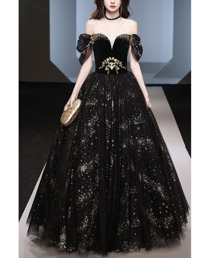 Classy Off Shoulder Black Tulle Sequins Ball Gown Gothic A Line Prom Dress