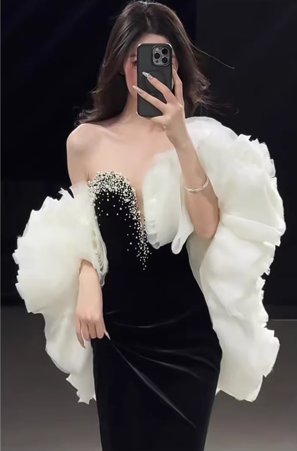 Gorgeous Strapless Black Velvet Beaded Mermaid Long Prom Dress Birthday Party Dress