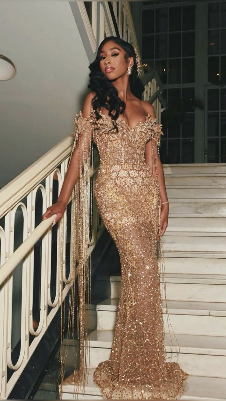 Luxurious Champagne Gold Off The Shoulder Sequin Beaded Mermaid Evening Dress Long Party Dress