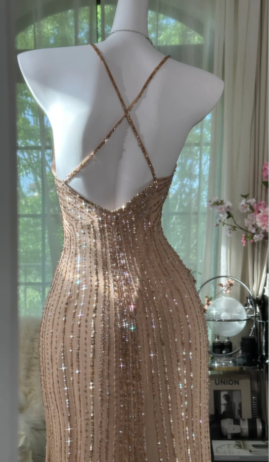 Sparkly Spaghetti Straps Chiffon Sequin Beaded Mermaid Long Party Dress Wedding Guest Dress