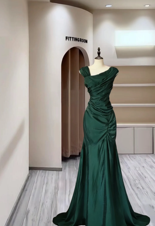 Classy Navy Blue Satin Pleated Mermaid Evening Dress Long Wedding Guest Dress