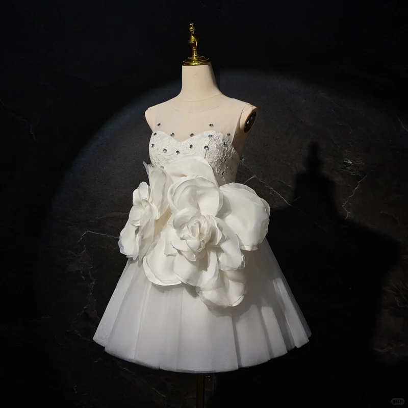 Classy White Tulle Beaded 3D Flowers A Line Short Party Dress 21st Birthday Outfits