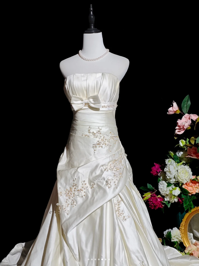 Charming Strapless Ivory Beaded Satin Pleated Mermaid Long Evening Dress Formal Birthday Prom Gowns
