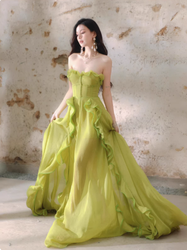 Pretty Green Strapless Chiffon Ruffled Long Evening Dress Birthday Dress
