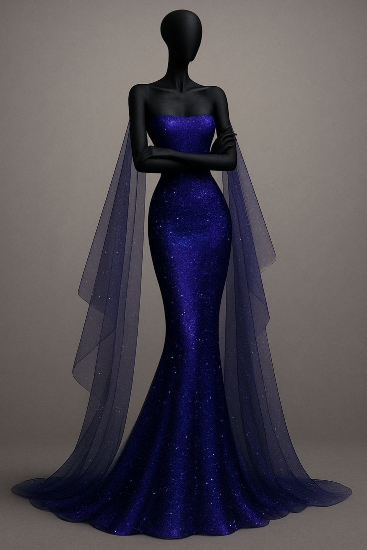 Shiny Royal Blue Strapless Satin Sequin Mermaid Evening Dress Long Party Dress
