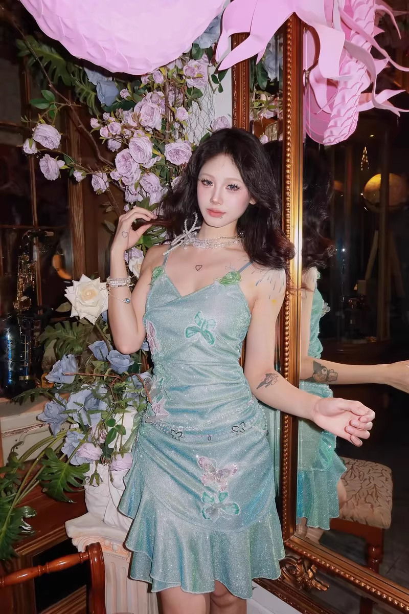 Glitter Mint Green Spaghetti Straps Sequin Ruffles Birthday Outfits Graduation Homecoming Dress