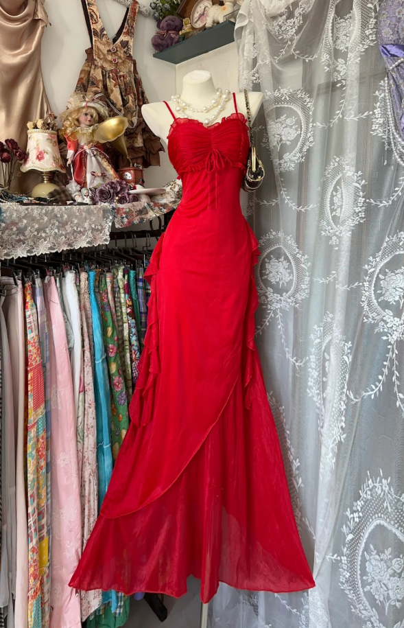 Classy Spaghetti Straps Red Tulle Chiffon Mermaid Evening Dress Long Party Dress