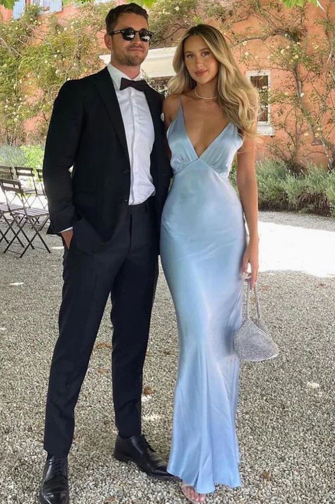 Spaghetti Straps Blue V Neck Long Party Dress Prom Dress