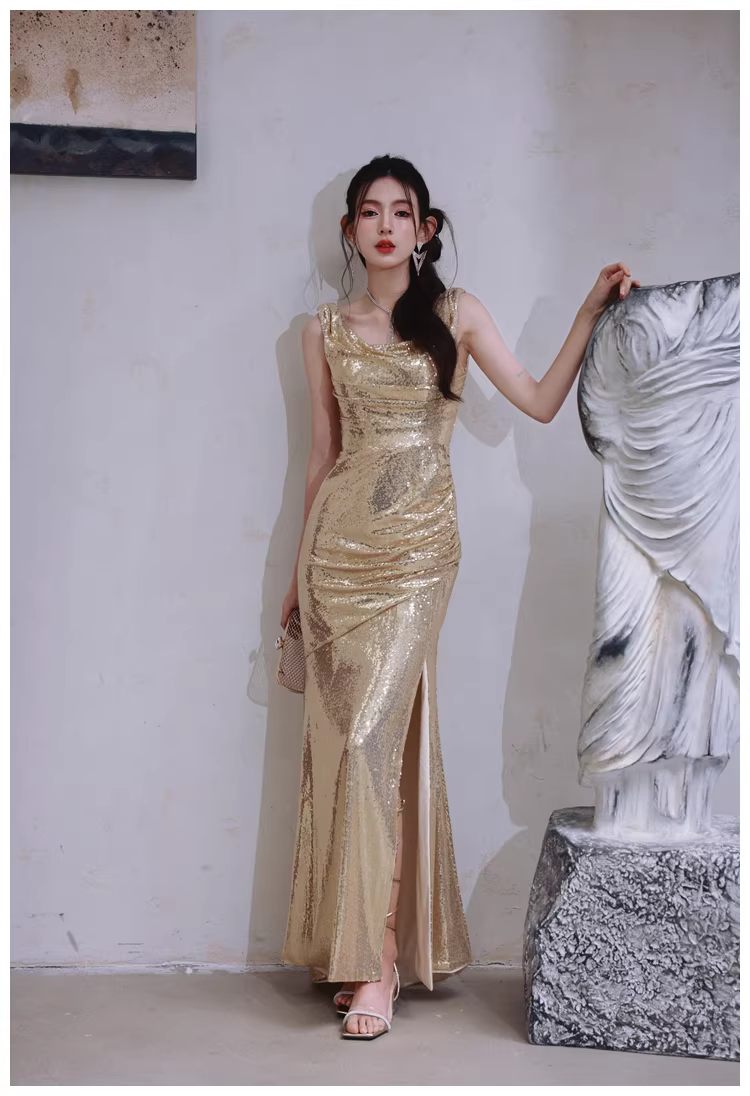 Fashion Gold Sleeveless Sequin Slit Mermaid Long Evening Dress Formal Wedding Guest Dress