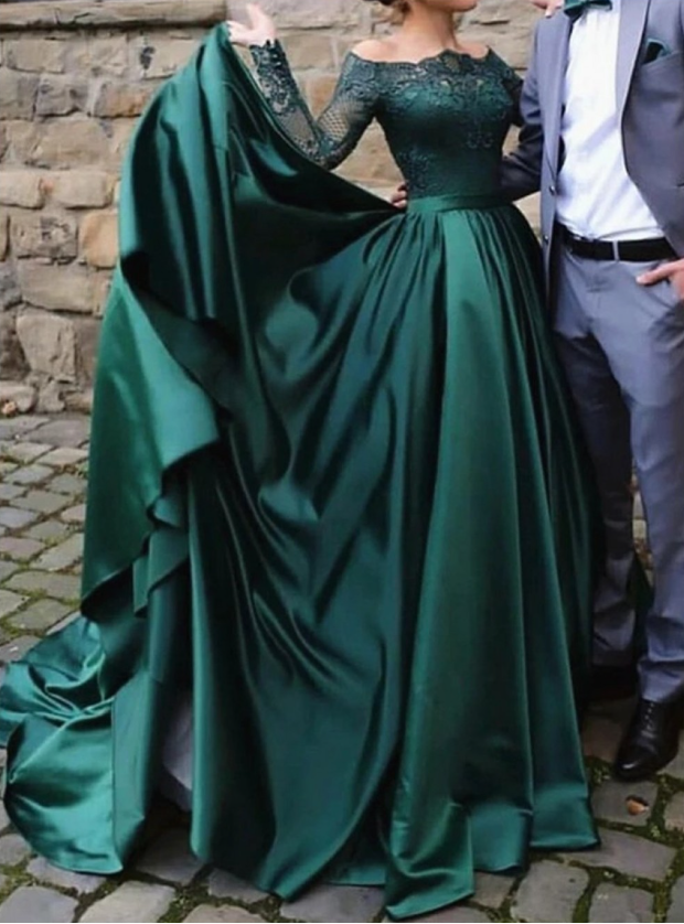 modest dark green party dress, off the shoulder prom dresses ,prom dress with long sleeves, evening gowns with lace