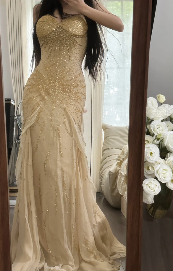 Pretty Spaghetti Straps Chiffon Beaded Ruffles Long Party Dress Yellow Mermaid Evening Dress