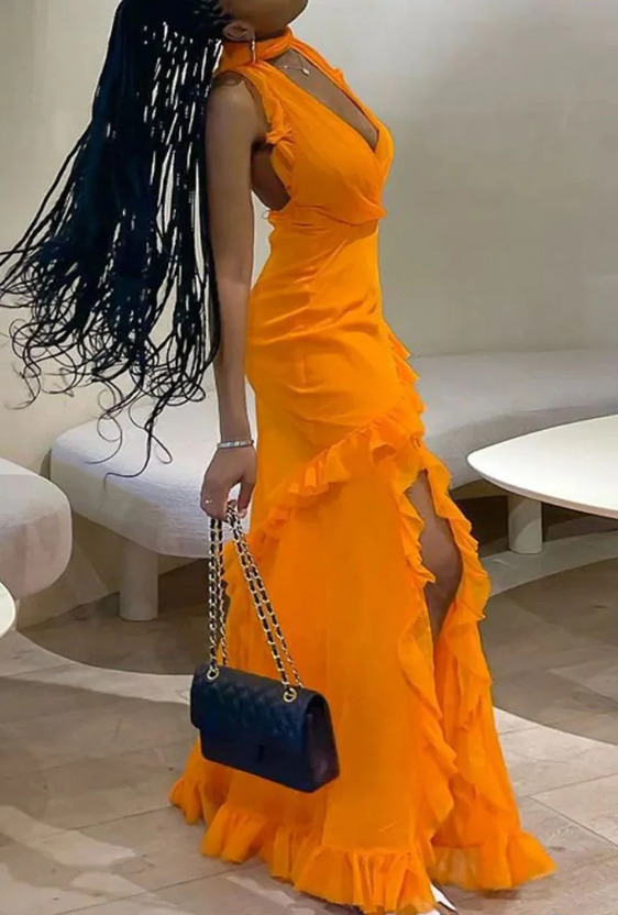 Chic Orange Chiffon Ruffles Evening Dress Slit Party Prom Dress