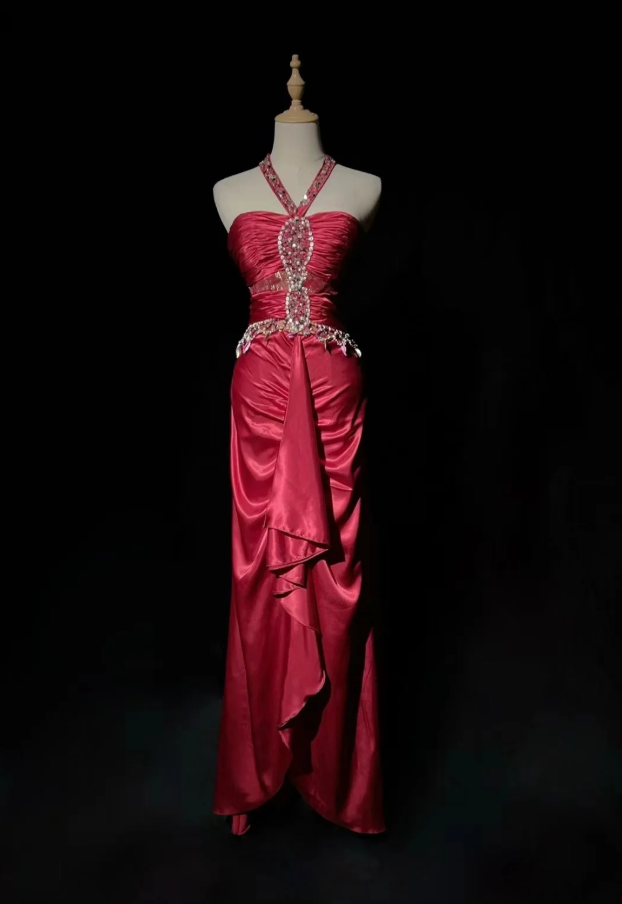 Pretty Halter Satin Pleated Beaded Cerise Pink Long Evening Dress Formal Wedding Guest Dress